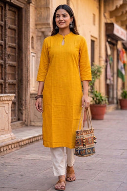 Sunflower Yellow Handcrafted Solid Style Embroidered Cotton Kurta 10077417