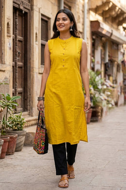Yellow Handcrafted Solid Style Embroidered Sleveless Cotton Kurta 10077420