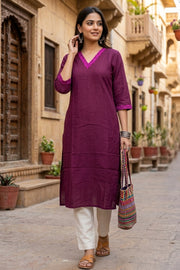Purple Handcrafted Solid Style Embroidered Cotton Kurta 10077421