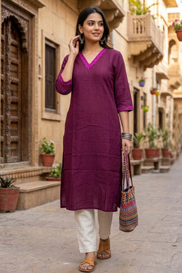 Purple Handcrafted Solid Style Embroidered Cotton Kurta 10077421
