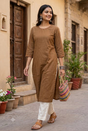 Brown Handcrafted Solid Style Embroidered Cotton Kurta 10077422