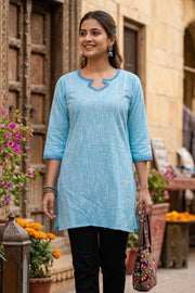 Light Blue Handcrafted Solid Style Embroidered Cotton Kurti 10077423