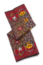 Red Handloom Jamdani Cotton Saree with Floral Motifs 10077549