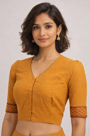 Yellow Kalamkari Applique Aari Embroidered Cotton Blouse 10066110