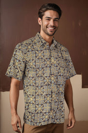 Black Half Sleeve Ajrakh Printed Cotton Mens Shirt 10071085