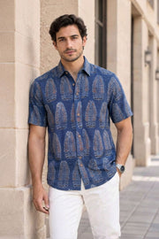 Blue Half Sleeve Ajrakh Printed Cotton Mens Shirt 10071096