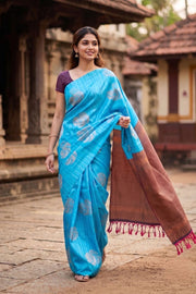 Vivid Blue Jute Weave Kanjivaram Vegan Silk Saree 10074642