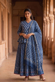 Blue Hand Block Printed Chaniya Choli with Kota Doria Dupatta 10066321