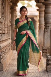 Midnight Forest Green Mysore Crepe Silk Saree with Zari Border 10076247