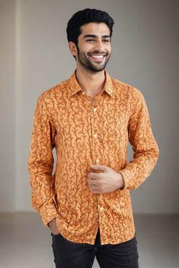 Yellow Full Sleeve Vanaspathi Print Modal Silk Mens Shirt 10074060