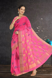 Pink Peacock Motifs Chanderi Printed Silk Cotton Saree 10075933