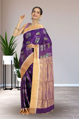 Purple Chanderi Printed Silk Cotton Saree 10075363
