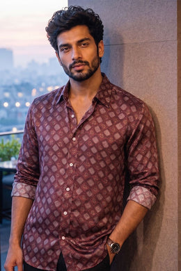 Brown Full Sleeve Vanaspathi Print Modal Silk Mens Shirt 10074066