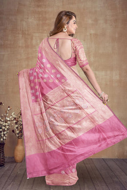 Tulip Pink Handloom Banarasi Kadhwa Katan Silk Saree 10063211