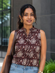 Brown Handblock Printed Women Sleevless Shirt 10077195