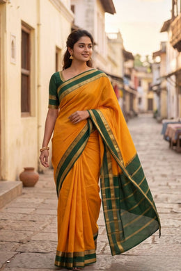Golden Amber Yellow Mysore Crepe Silk Saree With Zari Border 10076244