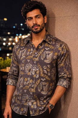 Brown Full Sleeve Vanaspathi Print Modal Silk Mens Shirt 10074062