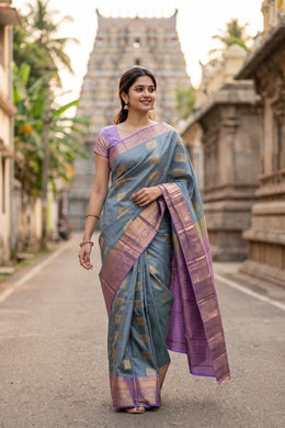 Grey Kanjivaram Vegan Silk Saree with Contrast Pallu 10074877