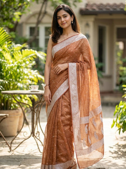 Cinnamon Brown Banarasi Crushed Tissue Organza Saree With Floral Border 10076568