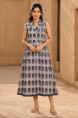 Rustic Blue Hand Block Printed Cotton Dress 10077643