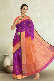 Dark Magenta Kanjivaram Silk Saree with Checks Design 10075633