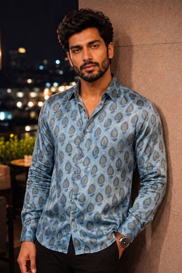 Blue Full Sleeve Vanaspathi Print Modal Silk Mens Shirt 10074058