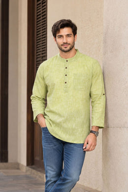 Pista Green Full Sleeve Slub Cotton Shirt Length Men's Kurta 10077841