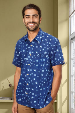 Indigo Handblock Print Pre-Washed Pure Cotton Shirt 10074404