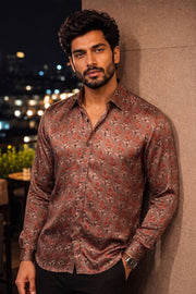 Brown Full Sleeve Jahota Print Modal Silk Mens Shirt 10074377