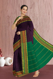 Kanjivaram Vegan Viscose Silk Saree Eggplant Color and Traditional Design 10075550