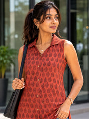 Rust Orange Bagh Printed Women Sleevless Shirt  10077185
