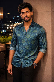 Blue Full Sleeve Vanaspathi Print Modal Silk Mens Shirt 10074063