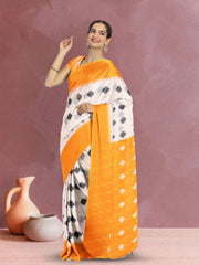 White Ikat Print Linen Saree 10074026