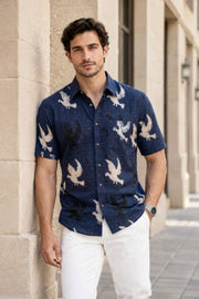 Blue Half Sleeve Ajrakh Printed Cotton Mens Shirt 10076823