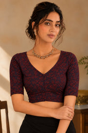 Maroon Indigo Hand Block Printed Cotton Blouse 10078138