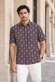 Black Half Sleeve Ajrakh Printed Cotton Mens Shirt 10071094
