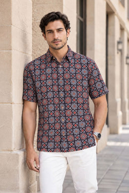 Black Half Sleeve Ajrakh Printed Cotton Mens Shirt 10071094