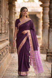Blackberry Purple Mysore Crepe Silk Saree With Zari Border 10076237