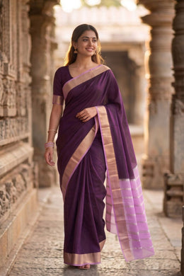 Blackberry Purple Mysore Crepe Silk Saree With Zari Border 10076237