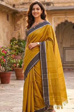 Golden Yellow Kanjivaram Vegan Silk Saree with Color Block Design 10075560