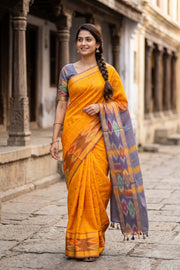 Orange Kanjivaram Silk Cotton Saree with Ikat Border 10077972