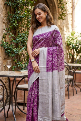 Deep Magenta Tissue Kanjivaram Vegan Silk Saree in with Silver Zari Patterns 10075576