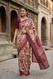 Beige Kani Printed Silk Saree 10077865