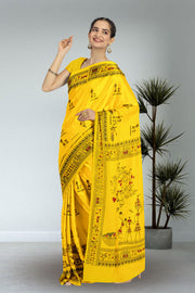 Yellow Warli Print Bengal Cotton Saree 10075306
