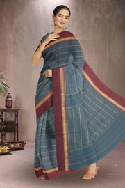 Dusty Teal Green Art Silk Kanjivaram Saree With Stripes Design 10076331