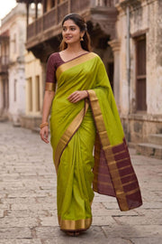 Pista Glow Green Mysore Crepe Silk Saree With Zari Border 10076233