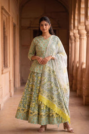 Green Hand Block Printed Cotton Chaniya Choli With Kota Doria Dupatta 10066330
