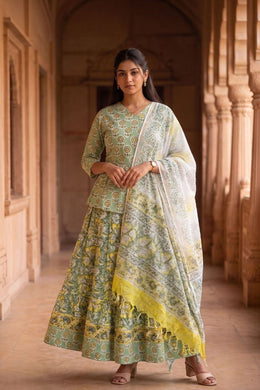 Green Hand Block Printed Cotton Chaniya Choli With Kota Doria Dupatta 10066330