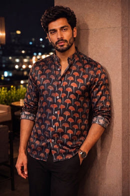 Black Full Sleeve Jahota Print Modal Silk Mens Shirt 10074384