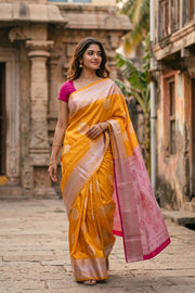 Yellow Kanjivaram Vegan Silk Saree with Contrast Pallu 10073865
